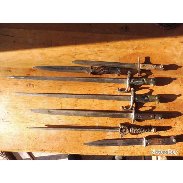 lot de 7 baionnettes sans fourreaux a identifier
