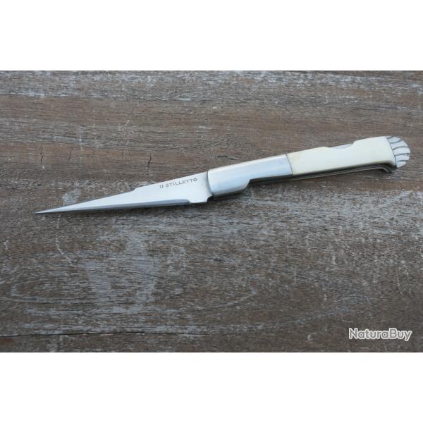 Couteau artisanal corse U STILLETTO. Neuf. Pompe arri�re. Manche "os". Old Knife.