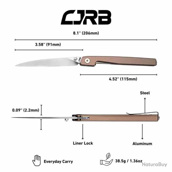 Couteau CJRB Frack Gray Lame Acier AR-RPM9 Stonewash Manche Acier Button Lock IKBS Clip J1931ST