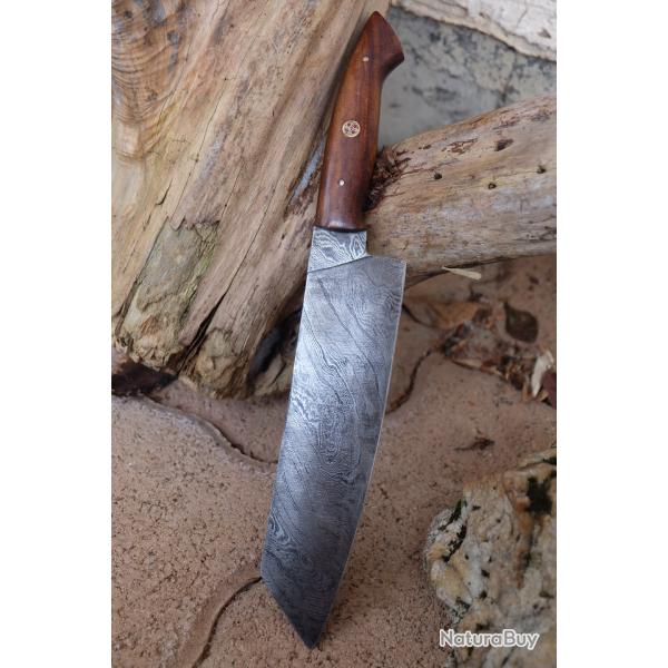 Couteau de Cuisine Style Japonais Damas Lame Kiritsuke 256 Couches Manche Bois Fabric Artisanale