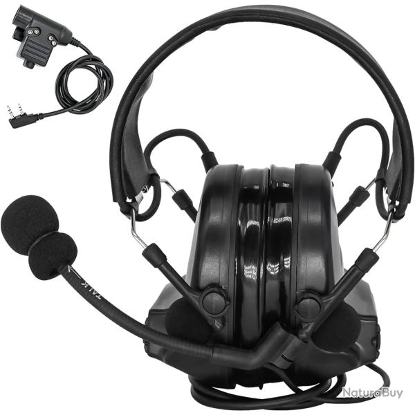Casque Tactique Airsoft Antibruit Actif avec Micro Coussinets gel et Bouton PTT 2 Broches Noir