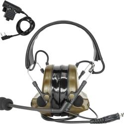 Casque Tactique Airsoft Antibruit Actif avec Micro Coussinets gel et Bouton PTT 2 Broches Vert Arm&eacute;e