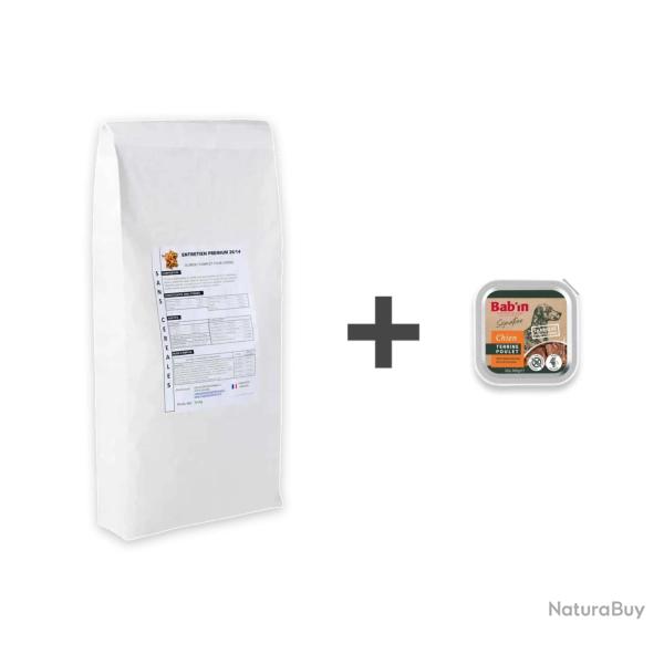 1 Paquet de 14 kg croquettes sans c�r�ales Entretien Premium 26/14+1 bo�te de terrines au choix 1 Pa