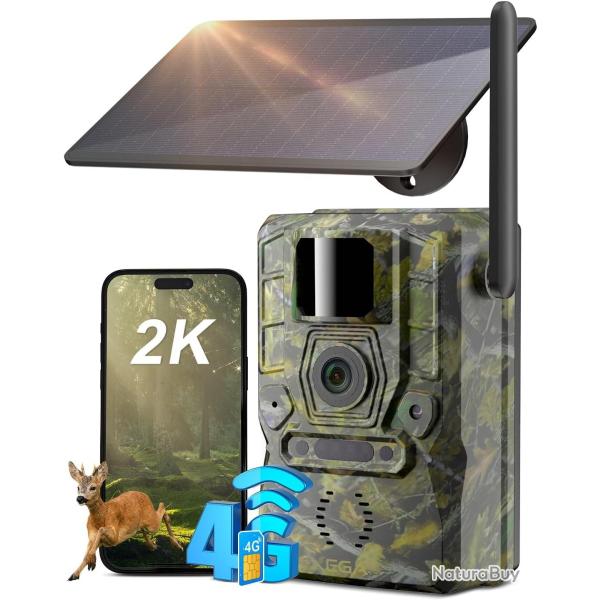 Cam�ra Chasse Solaire 2K Infrarouge Capteur PIR Vision Nocturne �tanche Batterie 7800mAh Carte SIM