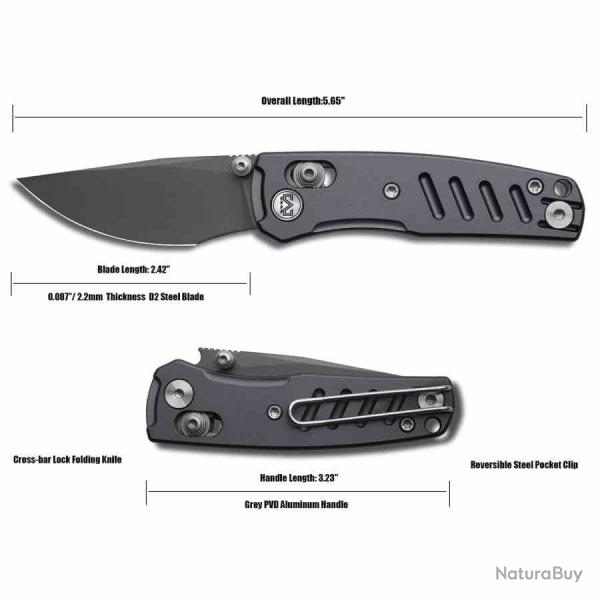 Couteau Miguron Evok Lame Drop Point Acier D2 Manche Dark Grey Aluminum Crossbar Lock MGR823ADG