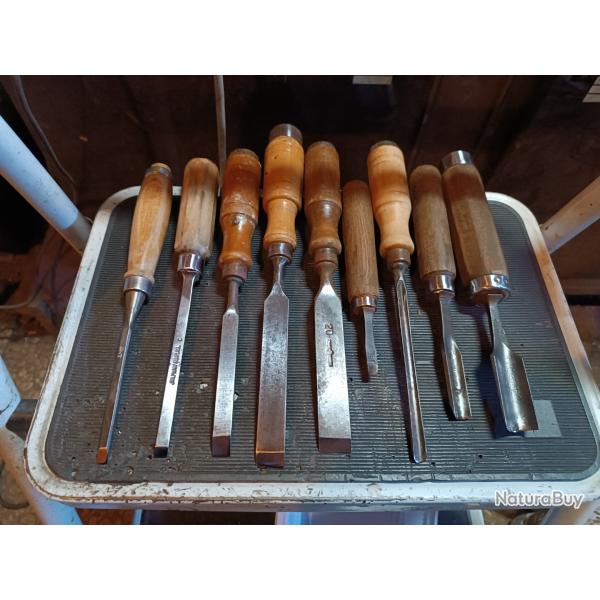 Lot gouges et ciseaux a bois professionnels ancien coupe rasoir