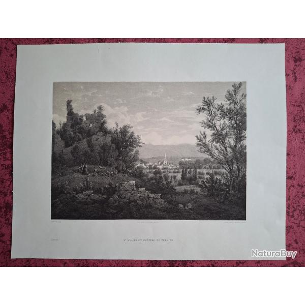 Rare Gravure vue de Saint Julien en Genevois Haute Savoie original de 1866 tr�s bon �tat