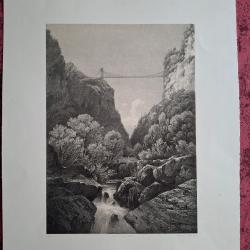 Rare Gravure vue du pont et des bains de la Caille pr&egrave;s de Annecy Haute Savoie original de 1866