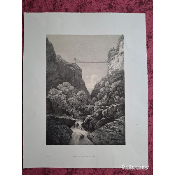 Rare Gravure vue du pont et des bains de la Caille pr�s de Annecy Haute Savoie original de 1866