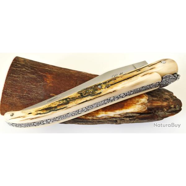 Magnifique Couteau de Poche Neuf Grav� Laguiole MICKAEL GINISTY Ivoire de Mammouth Fossilis� 13/24cm