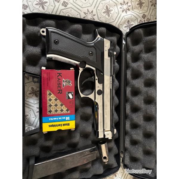 1 x PISTOLET A BLANC BLOW F92 FULL AUTO - 9MM PAK Chrome brillant