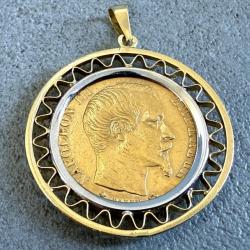 Pendentif ancien en or massif 18 carats avec v&eacute;ritable pi&egrave;ce de 20 francs or