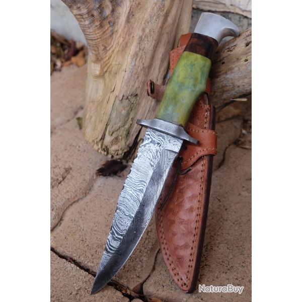 Bowie Couteau de Chasse Damas Lame & Garde 256 Couches Manche Os Prairie Fabric Artisan Etui Cuir