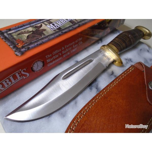 Poignard Bowie Couteau Crocodile Dundee Lame Acier Carbone Manche Cuir Etui Cuir Marbles