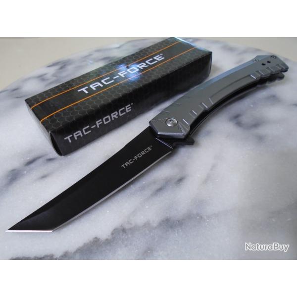 Couteau Tac-Force Semi Automatique Lame Acier 3Cr13MoV Tanto Manche Alu Anodis� Gris Liner Lock