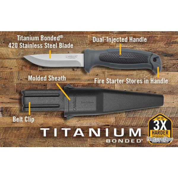 Couteau Bushcraft Rando Camillus Felix Lame Acier 420 Manche Moul� Etui Plastique Allume Feu