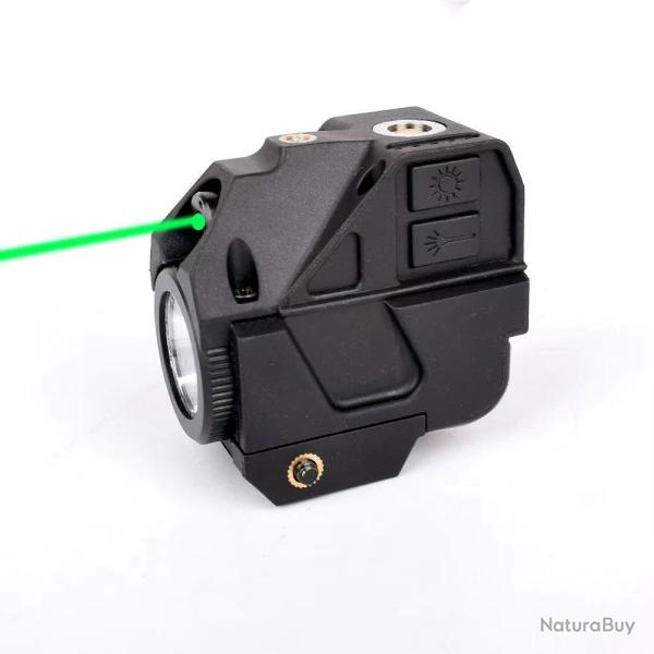 Lampe Laser Vert et led 500 Lumens Strobo rail picatinny pour arme de poing