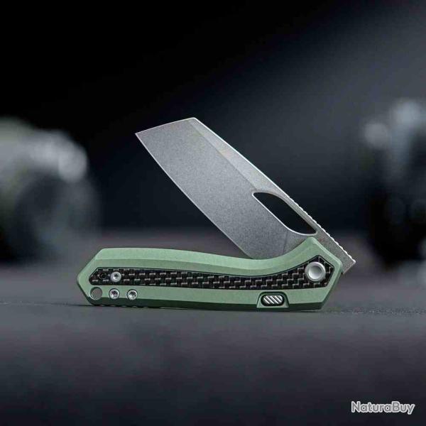 Couteau Vosteed Kroc Lame Acier S35VN Manche Alu Grey & Green Carbon Fiber Top Liner Lock VOSA1803