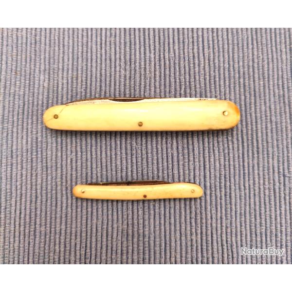 2 Canifs, couteaux anciens de poche ou gilet, HC, Manche os blanc