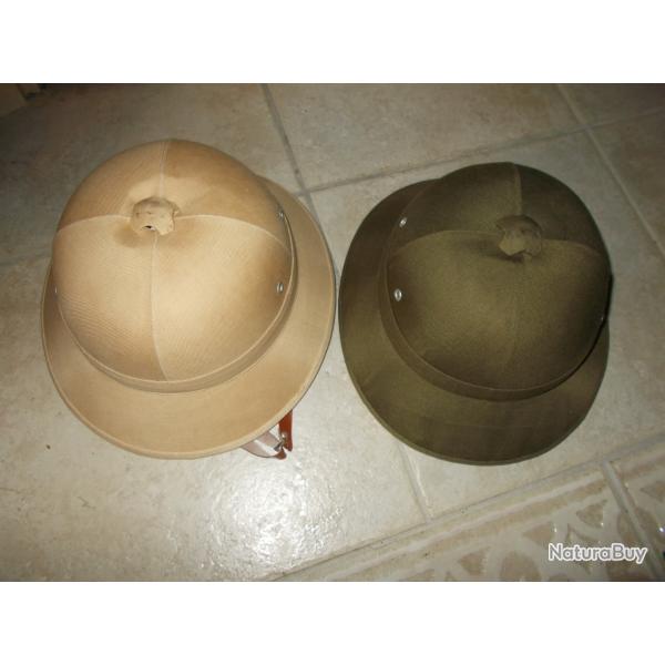 lot 2 anciens casques coloniaux afrique un beige et un marron vintage arm�e militaria militaire 1960