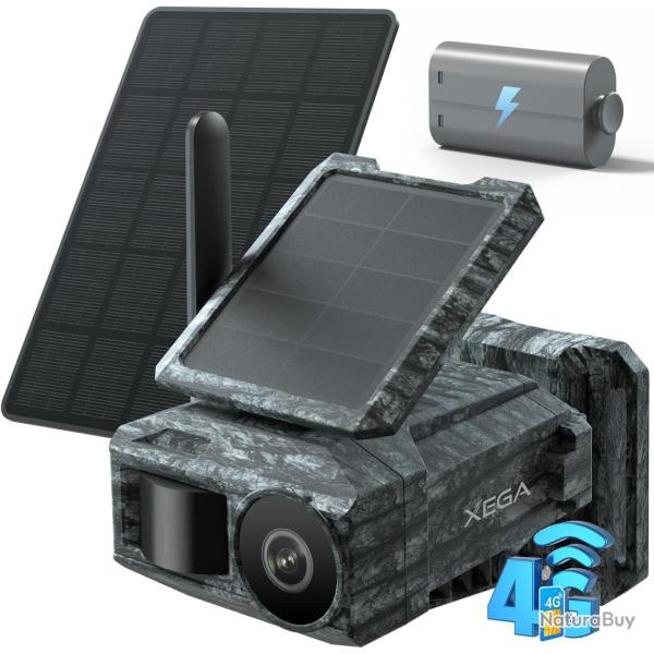 Cam�ra Chasse 2 Panneaux 4G Rotation 220� Solaires D�tection Mouvement Vision Nocturne Carte SIM