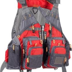 Gilet de P&ecirc;che Taille Unique avec Sangle R&eacute;glable Multipoches 18 Poches  Ultra L&eacute;ger Portable Rouge