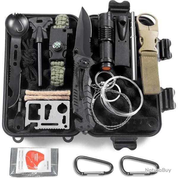Kit de Survie 14 en 1 Polyvalent Couverture d'urgence Trousse de Survie Chasse Sports de Plein Air