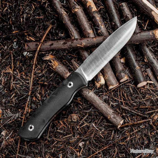 Couteau Real Steel Bushcraft Plus II Lame Acier 14C28N Manche G10 Noir Etui Cuir RS3721C