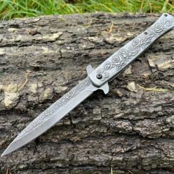 Couteau Stiletto &agrave; Ouverture Assist&eacute;e - Motifs Floraux en Relief ench&egrave;re