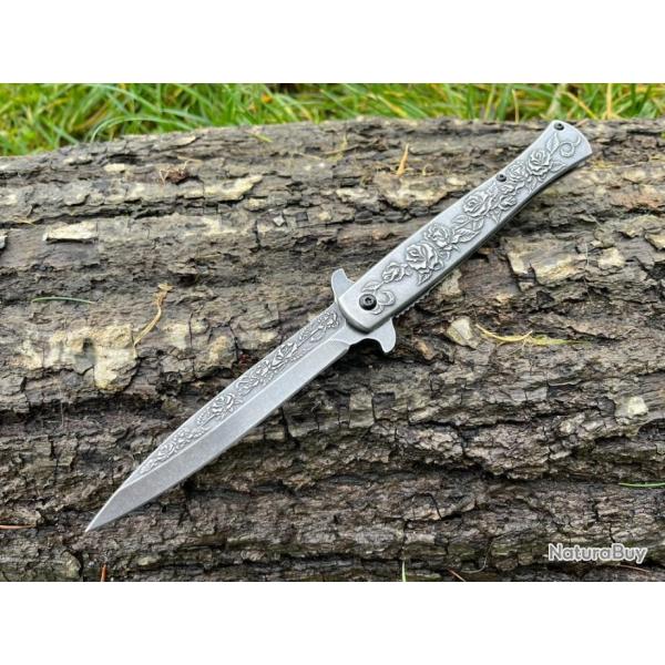 Couteau Stiletto � Ouverture Assist�e - Motifs Floraux en Relief ench�re
