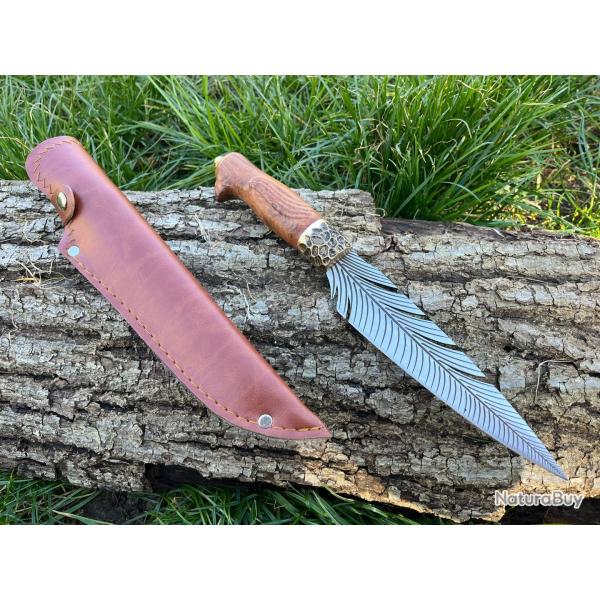 COUTEAU DROIT 30CM LAME PLUME D'OISEAU ETUI CUIR ench�re