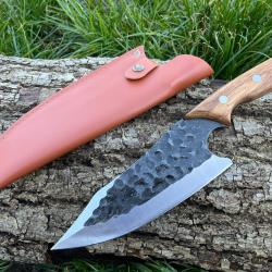 COUTEAU DE DECOUPE 30CM LAME EFFET BRUT ETUI CUIR ench&egrave;re