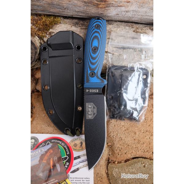 Couteau ESEE Esee-4 Black Manche Blue/Black G10 Lame Acier Carbone 1095 Etui Plastic Made USA B008