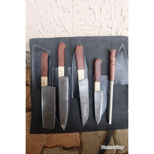 Lot de 4 Couteau de Cuisine Style Japonais Lame Acier Damas 256 Couches Housse Simili Fab Artisanale