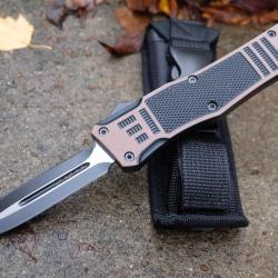 Couteau Automatique OTF Out the Front Lame Dague Double Edge Acier 440 Manche Alu/Bronze Clip Etui