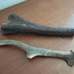 2 BOIS MUES DE CERF 32/31CM CIRCONFERENCES MEDIANES 12,5/8CM COUTELLERIE OBJETS DIVERS