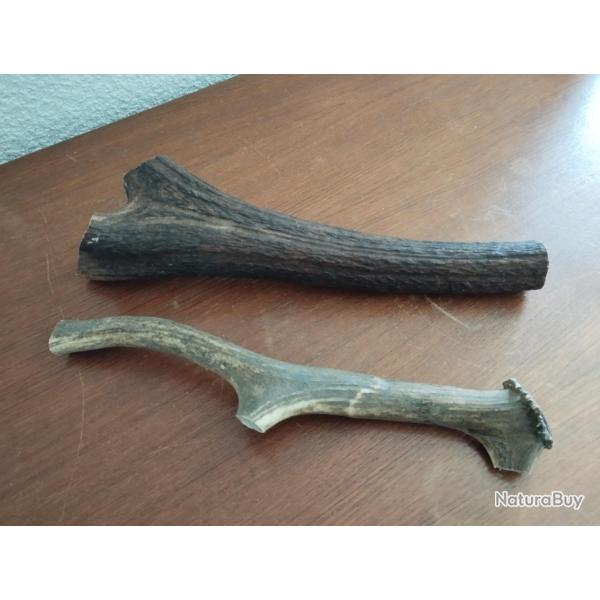 2 BOIS MUES DE CERF 32/31CM CIRCONFERENCES MEDIANES 12,5/8CM COUTELLERIE OBJETS DIVERS