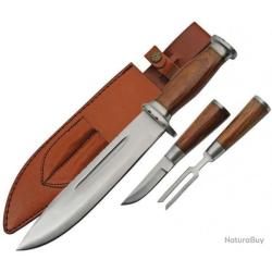 Lot de couteau Bowie de chasse plus fourchette avec &eacute;tui en cuir