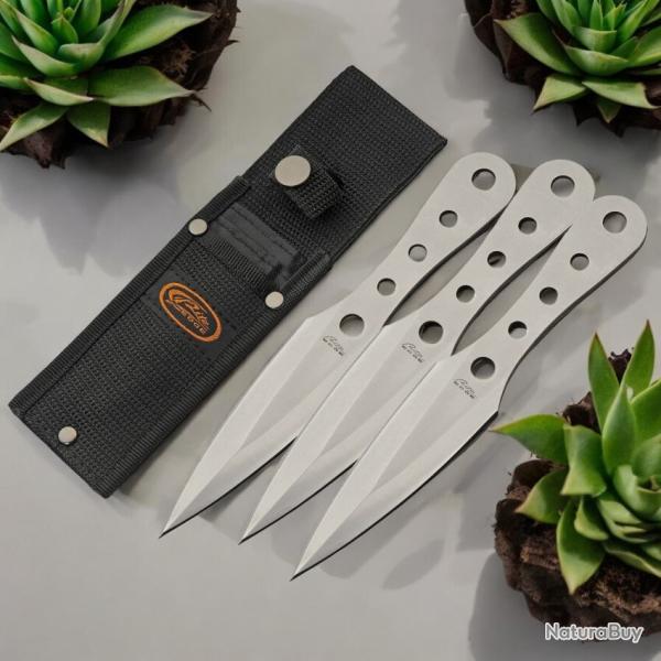Set de 3 Couteaux de Lancer Rite Edge Lame Acier 3Cr13 Contruction Monobloc Manche Acier Etui Nylon