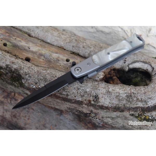 Couteau Semi Automatique Stiletto Lame Spear Point Acier 3Cr13 Manche ABS Marbre Liner Lock Clip