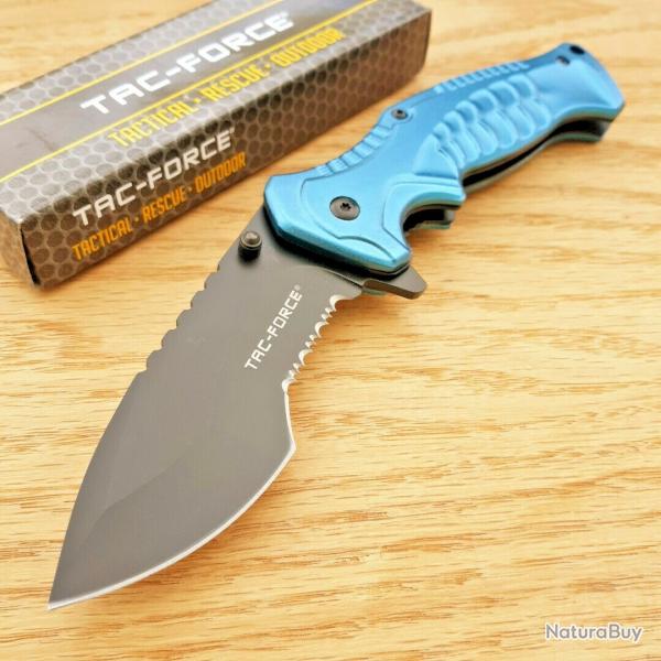 Couteau Tactical Urbain Tac-Force Semi Automatique Lame Acier 3Cr13 Serrated Manche Blue Aluminium