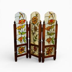 Ancien Paravent de Table Art D&eacute;co - Verre peint &agrave; d&eacute;cor floral type vitrail