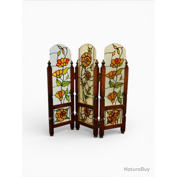 Ancien Paravent de Table Art D�co - Verre peint � d�cor floral type vitrail