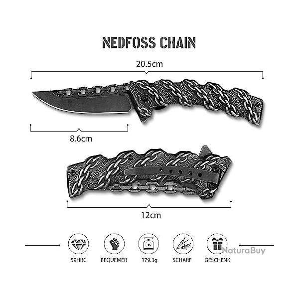 Couteau Pliant NedFoss Acier 440C - Design �gyptien & Manche Bois - Clip Ceinture, Id�al Chasse/Cade