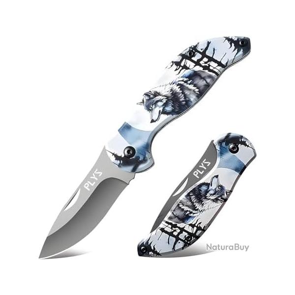 Couteau Pliant "Loup des Neiges" - Lame Inox Ultra Tranchante - Id�al Randonn�e, Camping & Cadeau
