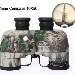 Jumelles Marines 10x50 IPX7 Boussole et T&eacute;l&eacute;m&egrave;tre FMC BAK4 Etanches avec Sac Sangle piles Camouflage