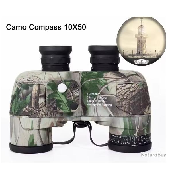 Jumelles Marines 10x50 IPX7 Boussole et T�l�m�tre FMC BAK4 Etanches avec Sac Sangle piles Camouflage