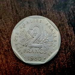 2 francs 1980 Semeuse D'APRES O.ROTY, tranche stri&eacute;e, nickel