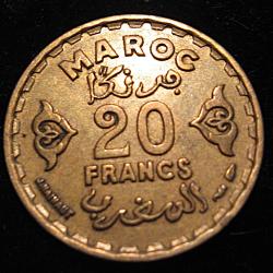 Maroc piece de 20 francs  1371 -1952 ttb "empire cherifien" diametre 23,5 mm