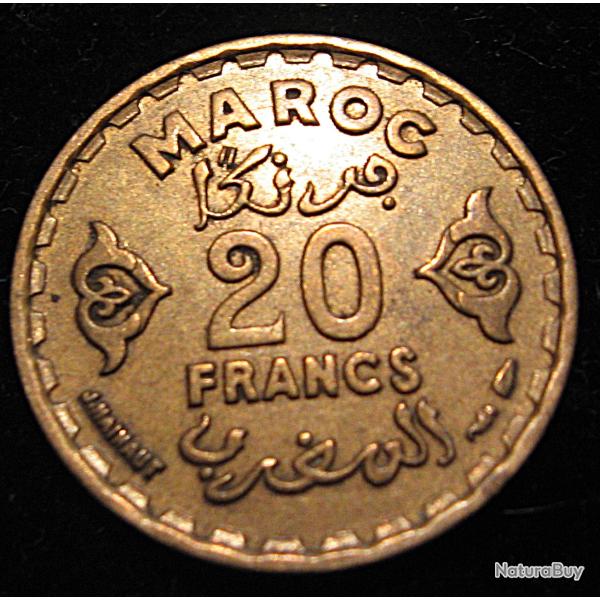 Maroc piece de 20 francs  1371 -1952 ttb "empire cherifien" diametre 23,5 mm